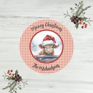 Highland Cow Red White Gingham Monogram Christmas