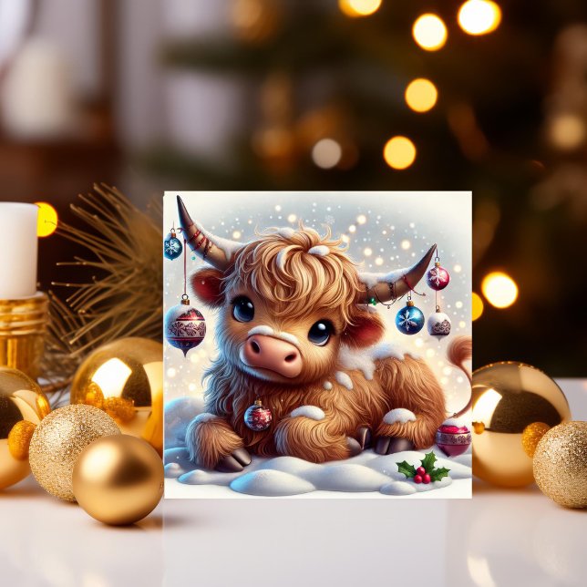 Highland Cow Resting in Snowy Christmas Wonderland Holiday Card (Creator Uploaded)