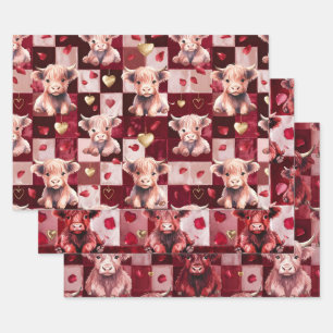 Highland Cow Ruby Red Golden Heart Teen Gift Wrapping Paper Sheets