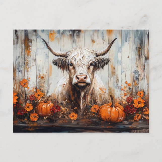 Highland Cow Rustic Autumn Painting Postcard (Front)