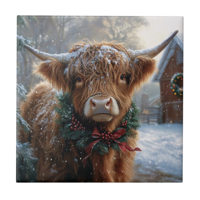 Highland Cow Rustic Barnyard Christmas Ceramic Tile (Front)