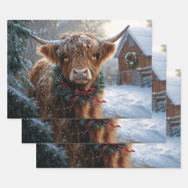Highland Cow Rustic Barnyard Christmas Decoupage Wrapping Paper Sheets (Set)