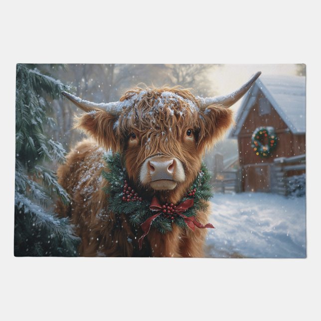 Highland Cow Rustic Barnyard Christmas Doormat (Front)