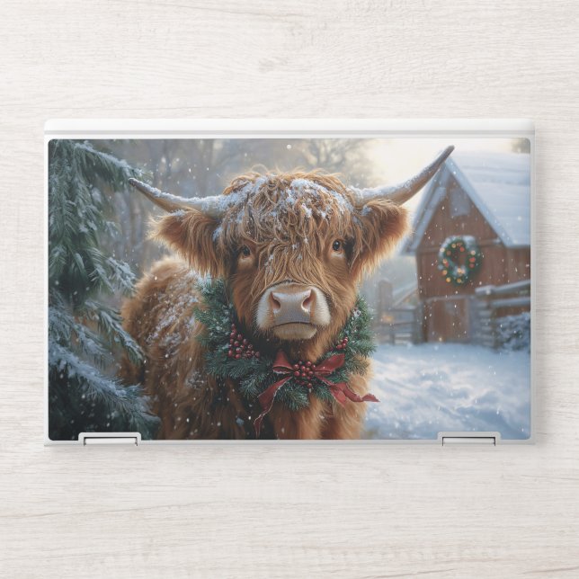 Highland Cow Rustic Barnyard Christmas HP Laptop Skin (Front)