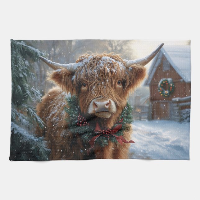 Highland Cow Rustic Barnyard Christmas Kitchen Towel (Horizontal)