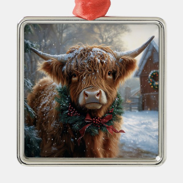 Highland Cow Rustic Barnyard Christmas Metal Ornament (Front)