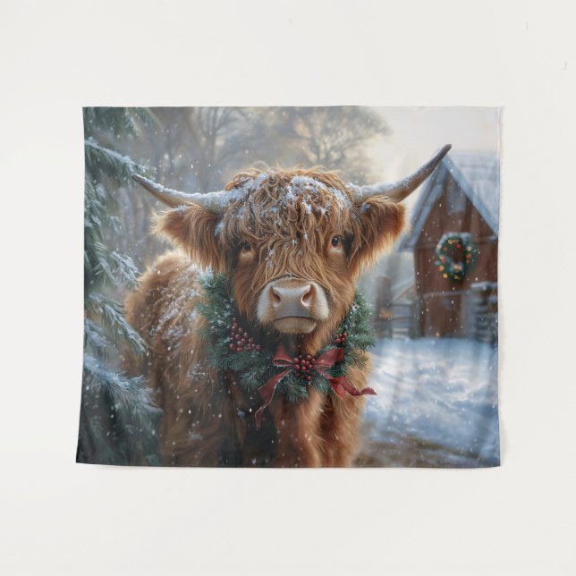 Highland Cow Rustic Barnyard Christmas Tapestry (Front (Horizontal))