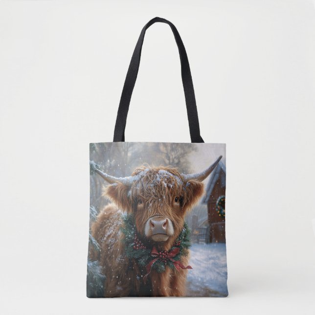 Highland Cow Rustic Barnyard Christmas Tote Bag (Front)