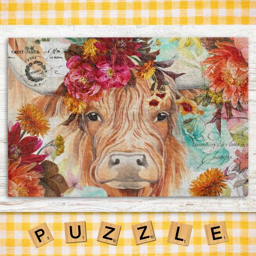 Highland Cow Rustic Boho Farmhouse Jigsaw Puzzle