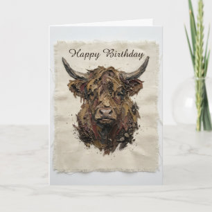 Highland Cow Rustic Portrait Birthday Card Brown