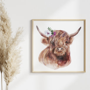 Highland Cow Rustic Scottish Cattle Illustration Poster