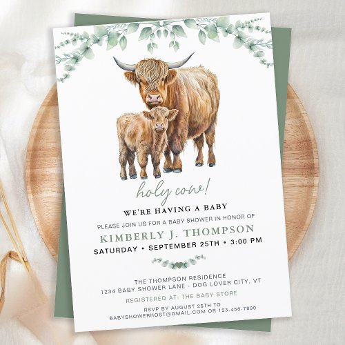 Highland Cow Sage Boho Greenery Baby Shower Invitation