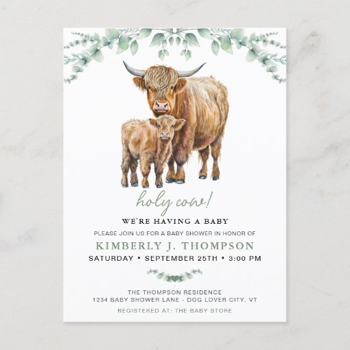 Highland Cow Sage Boho Greenery Baby Shower Invitation Postcard | Zazzle