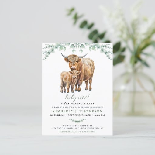 Highland Cow Sage Boho Greenery Baby Shower Invitation Postcard | Zazzle