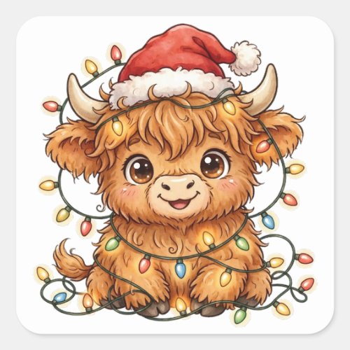 Highland Cow Santa Hat Christmas Lights Sticker