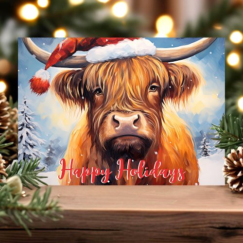 Highland Cow Santa Hat Cute Christmas Holiday Card