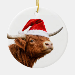 Highland Cow Santa Hat Cute Christmas Holiday Ceramic Ornament