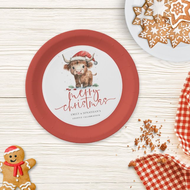 Highland Cow Santa Hat Name Merry Christmas Paper Plates (Creator Uploaded)