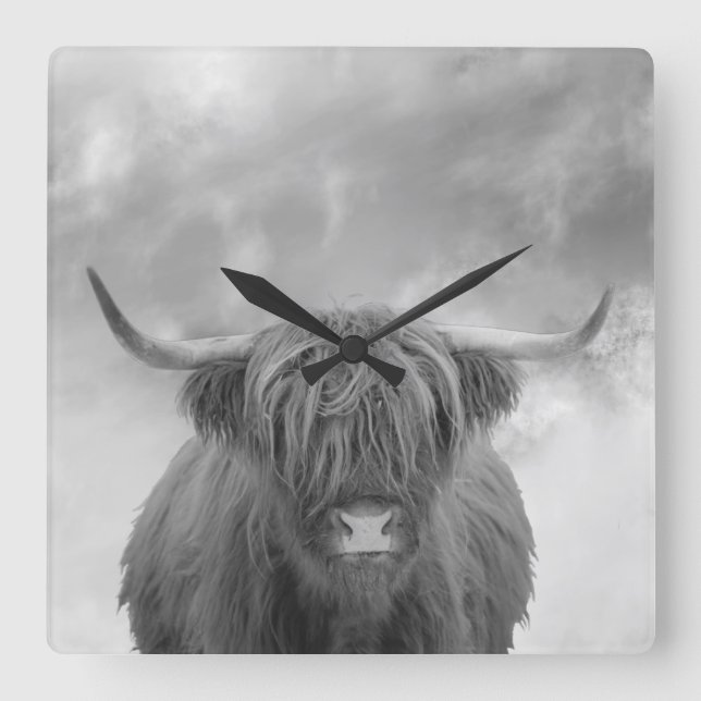 Highland Cow Scotland Clouds Black White  Square Wall Clock (Front)