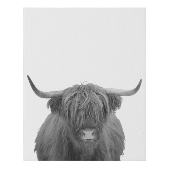 Highland Cow Scotland Rustic Black White Faux Canvas Print (Front)