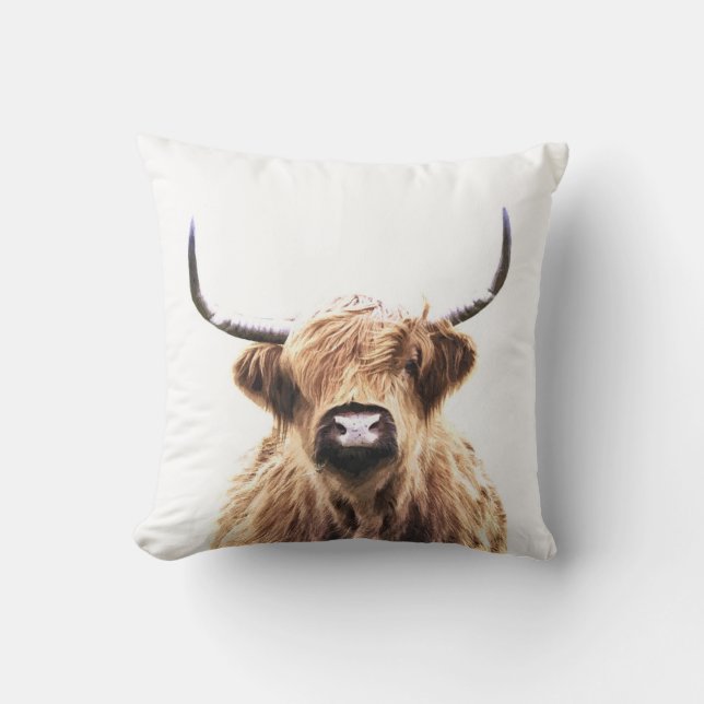 Highland cow scottish animal portrait throw pillow (Front)