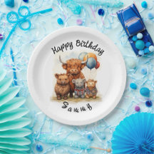Highland Cow Scottish Birthday Plates, Customize