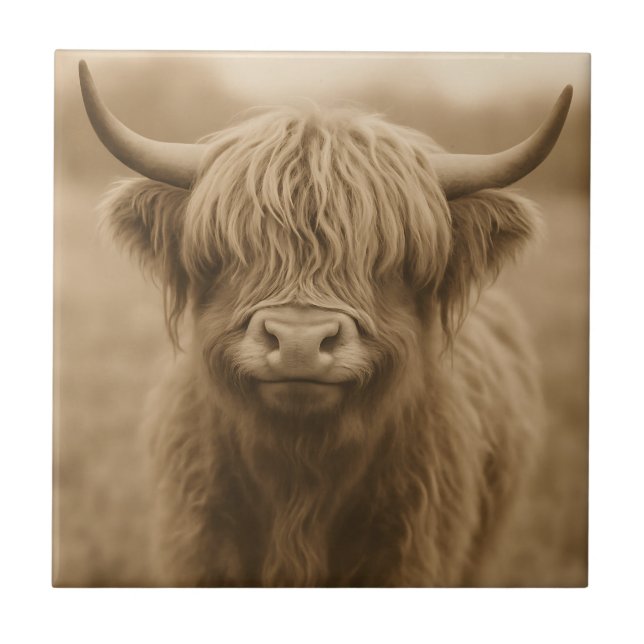 Highland Cow Sepia Portrait Ceramic Tile (Front)