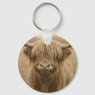 Highland Cow Sepia Portrait Keychain