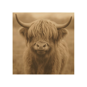 Highland Cow Sepia Portrait Wood Wall Art