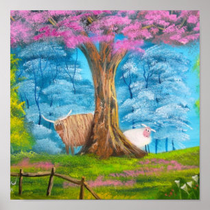 HIGHLAND COW SHEEP FOLK PAINTING POSTER