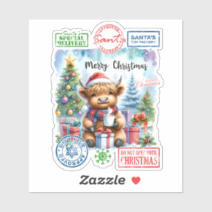 Highland Cow Sips by Christmas Tree Sticker