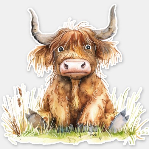 Highland Cow Sitting in Grass Sticker