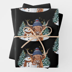 Highland Cow Snowman Hot Cocoa Christmas Tree Xmas Wrapping Paper Sheets