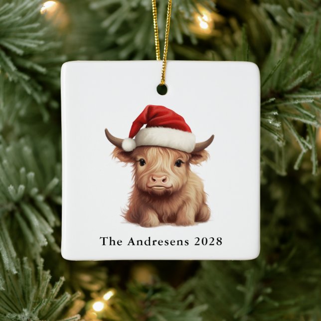 Highland Cow Square Ceramic Photo Ornament (Tree)