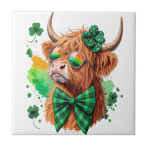 Highland Cow St Patrick’s Png, Lucky Cow Ceramic Tile