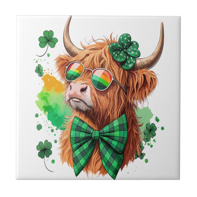 Highland Cow St Patrick’s Png, Lucky Cow Ceramic Tile (Front)