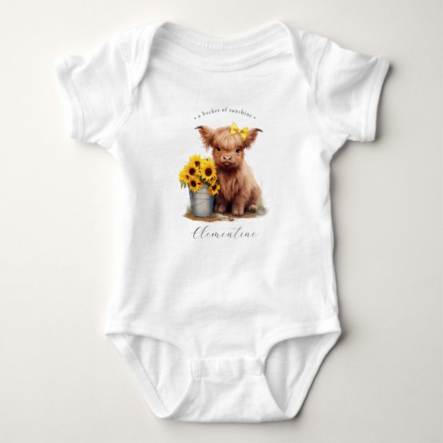 Highland Cow Sunflower Bucket  Baby Bodysuit (Front)