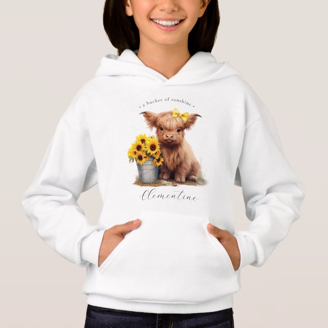 Highland Cow Sunflower Bucket Girl's  Hoodie (Front)