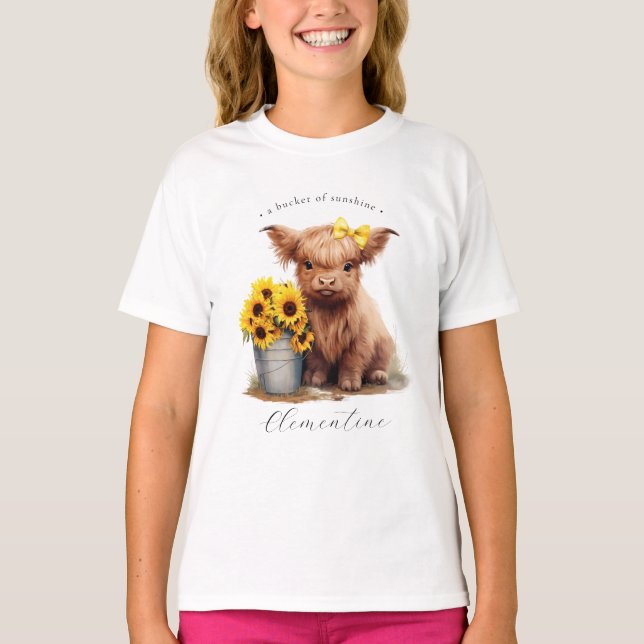 Highland Cow Sunflower Bucket Girls' T-Shirt (Front)