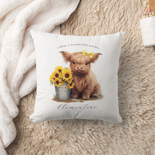 Highland Cow Sunflower Bucket Throw Pillow (Blanket)
