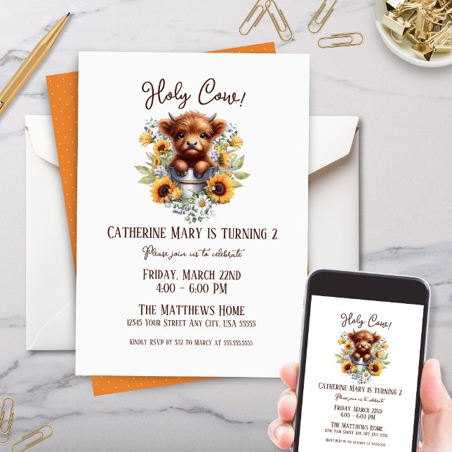 Highland Cow Sunflowers Floral Kids Birthday Party Invitation (cute highland cow theme kids birthday party invitations with sunflowers floral and little coo pail)
