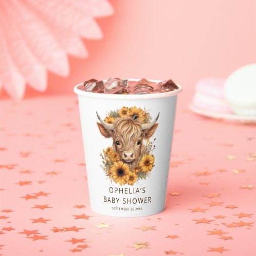 Highland Cow Sunflowers Name Baby Shower Paper Cups