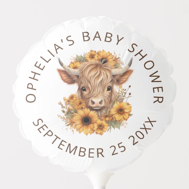 Highland Cow Sunflowers Name Date Baby Shower Balloon (Front)