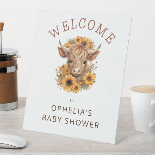 Highland Cow Sunflowers Welcome Baby Shower Pedestal Sign
