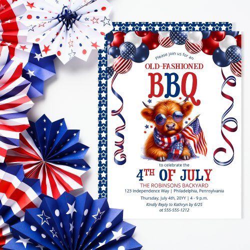 Highland Cow  Sunglasses 4th of July BBQ Party Invitation