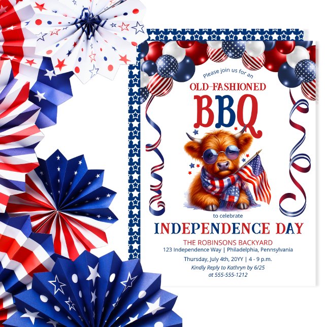 Highland Cow Sunglasses Independence Day BBQ Party Invitation (Balloon Arch Cute Cool Highland Cow Calf Sporting Sunglasses Independence Day BBQ July 4 Invitation)