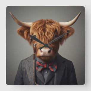 Highland Cow Tartan Jacket Square Wall Clock Fun