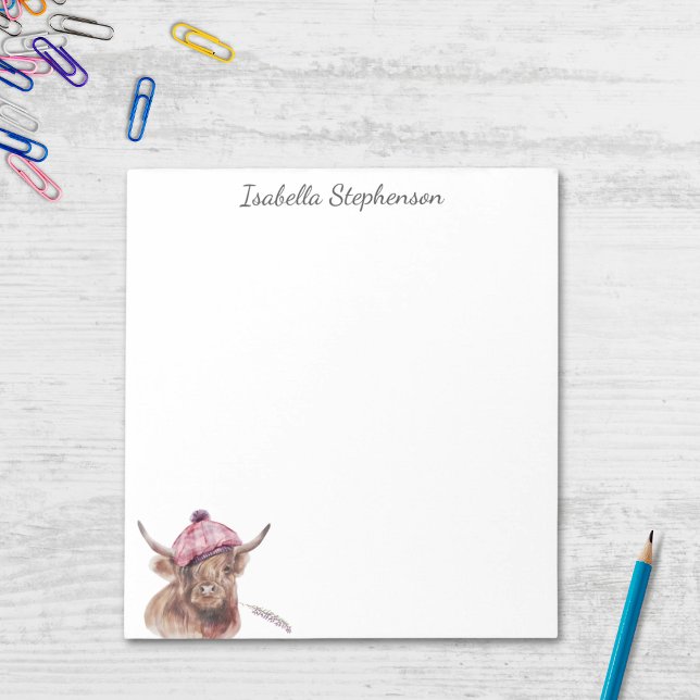 Highland Cow Tartan Watercolor Personalized Notepad (Creator Uploaded)