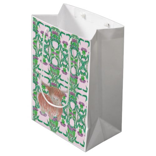 highland cow thistle art nouveau pink medium gift bag