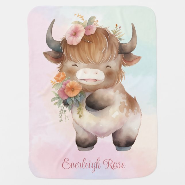 Highland cow tie dye personalized baby blanket (Front)